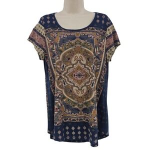 Lucky Brand Shirt Women L Blue Boho Medallion Print Scoop Neck Tunic Hippie